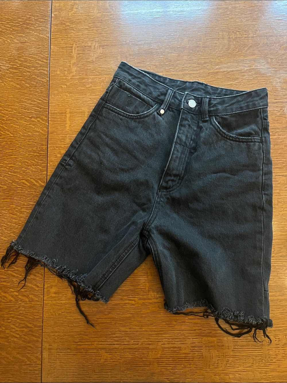 Thrills Black High-Rise Denim Shorts with Raw Hem